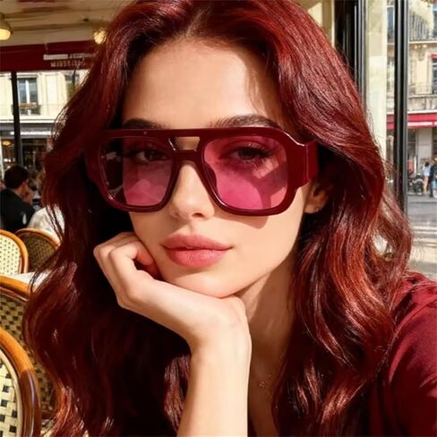 Retro Oversized Aviator Sunglasses for Women Men 70s Chunky Double Bridge Thick Frame Square Trendy Shades﻿ in Kuwait