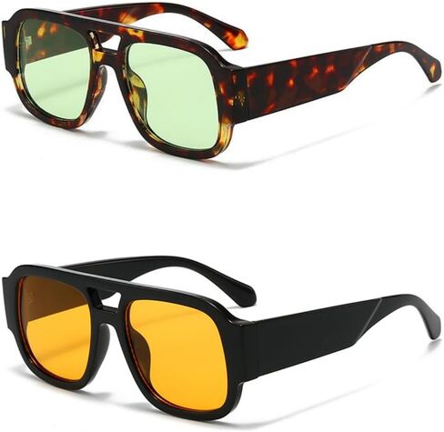 Retro Oversized Aviator Sunglasses for Women Men 70s Chunky Double Bridge Thick Frame Square Trendy Shades﻿ in Saudi Arabia
