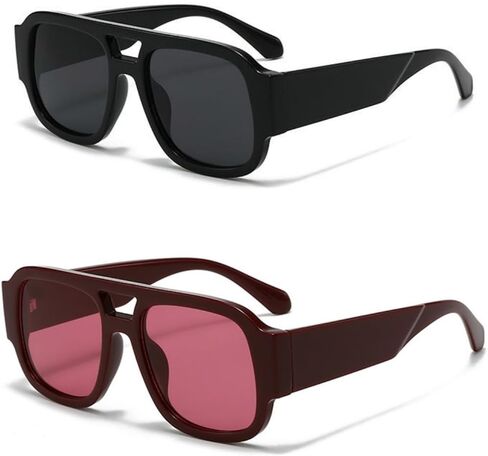 Retro Oversized Aviator Sunglasses for Women Men 70s Chunky Double Bridge Thick Frame Square Trendy Shades﻿ in Kuwait