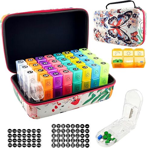 Monthly Pill Organizer 3 Times a Day,31-Day Monthly Pill Organizer, Travel Pill Organizer with Pill Cutter, AM PM Storage Case, Monthly & Weekly Stickers(Pattern) in Saudi Arabia