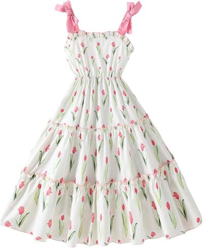 Verdusa Girl's Spring Dress Floral Print Ruffle Bow Flowy Tank Dress Easter Dresses for Girls in Kuwait
