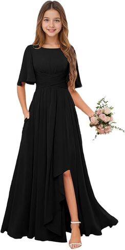 Rlweus Chiffon Pleated Junior Bridesmaid Dresses for Teen Girls Short Sleeve Flower Girl Dress for Wedding Guest Dress in Saudi Arabia
