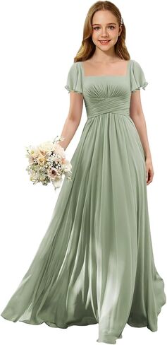 Sage Green Junior Bridesmaid Dress Square Neck Ruffles Flower Girl Dresses with Flutter Sleeves A Line Wedding Party Gown US16 in Saudi Arabia