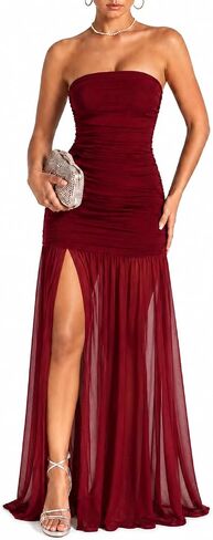 ENOPINK Women's Sexy Strapless Tube Top Dress Ruched High Slit Mesh Bodycon Flowy Maxi Summer Vacation Birthday Dresses in Kuwait