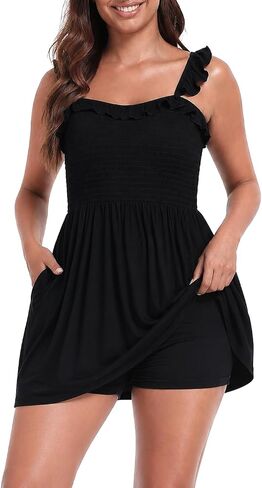 HDE Women's Smocked Romper Dress with Built in Quick Slip Shorts Ruffle Straps Flowy Skirted Romper Skort Dress with Pockets in Kuwait