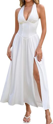 Colysmo Floral Halter Corset Midi Dress Flowy Slit V Neck Summer Wedding Guest Dresses for Women 2026 Casual Sundress in Saudi Arabia