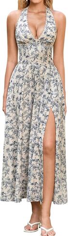 Colysmo Floral Halter Corset Midi Dress Flowy Slit V Neck Summer Wedding Guest Dresses for Women 2026 Casual Sundress in Saudi Arabia