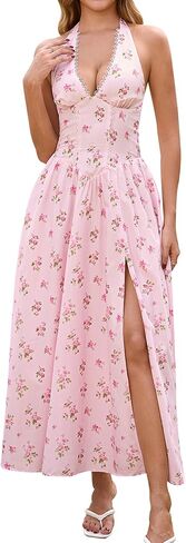 Colysmo Floral Halter Corset Midi Dress Flowy Slit V Neck Summer Wedding Guest Dresses for Women 2026 Casual Sundress in Saudi Arabia
