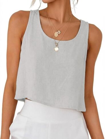 Kinghua Linen Tank Top for Women Spring Summer Beach Casual Scoop Neck Sleeveless Blouses Loose Fit Crop Vest Tops Shirts in Saudi Arabia