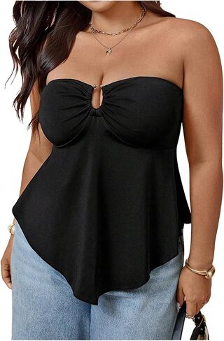 OYOANGLE Women's Plus Size Strapless Peplum Top Ring Linked Sleeveless Ruffle Tube Top in Saudi Arabia