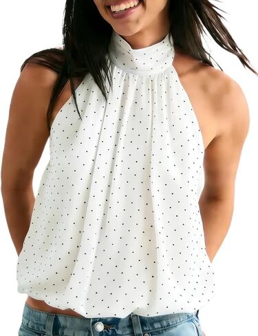 Women Chiffon Halter Tops Open Back Mock Neck Y2k Sleeveless Tanks Flowy Bubble Hem Cami Going Out Crop Top in Saudi Arabia