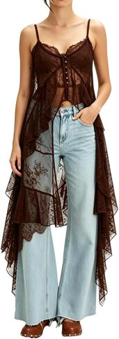 Women Sheer Floral Lace Cami Tops Spaghetti Strap Ruffle Flowy Long Tank Tops Sexy Split Front Going Out Top in Kuwait