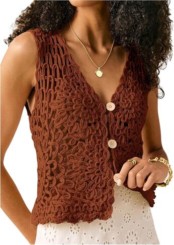 SweatyRocks Women's Summer Button Up Crochet Tank Tops Boho Hollow Out V Neck Sweater Vest in Saudi Arabia