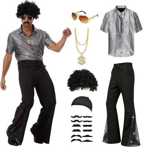 70s Outfits for Men Disco Costume 1970s Outfit with Short Sleeve Shirt Bell Bottom Pants for Retro Halloween Party in Saudi Arabia