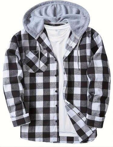 Men's Casual Plaid Hooded Shirt with Chest Pocket & Adjustable Drawstring - Stylish Long Sleeve Fall Casual Button-Up in Kuwait