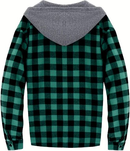 Men's Casual Plaid Hooded Shirt with Chest Pocket & Adjustable Drawstring - Stylish Long Sleeve Fall Casual Button-Up in Kuwait
