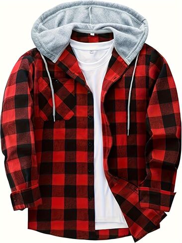 Men's Casual Plaid Hooded Shirt with Chest Pocket & Adjustable Drawstring - Stylish Long Sleeve Fall Casual Button-Up in Kuwait