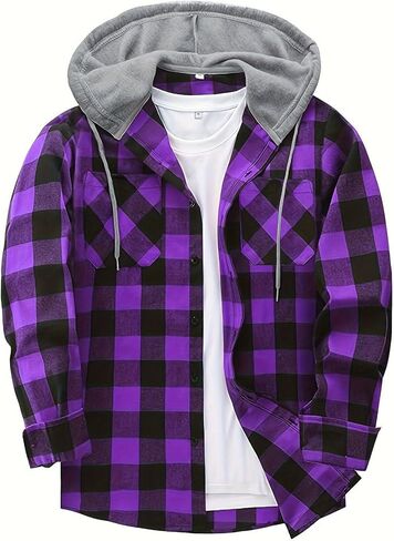 Men's Casual Plaid Hooded Shirt with Chest Pocket & Adjustable Drawstring - Stylish Long Sleeve Fall Casual Button-Up in Kuwait