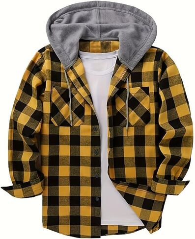 Men's Casual Plaid Hooded Shirt with Chest Pocket & Adjustable Drawstring - Stylish Long Sleeve Fall Casual Button-Up in Kuwait