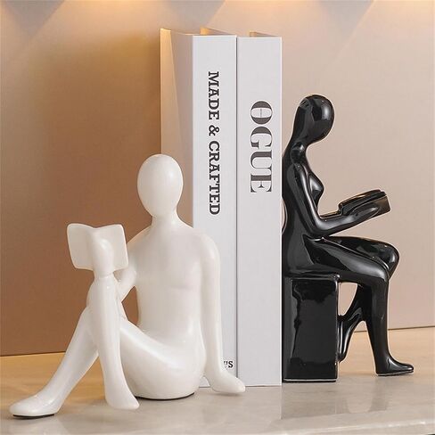 Book Reader Statue Ceramic Decorative Bookends, Black and White Book Ends for Books, Shelf Decor Aesthetic Modern Book Holder in Saudi Arabia