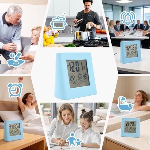 Solar Powered Clock Battery Powered Alarm Clock Solar Charging Small Digital Clock for Weather Forcast LCD Display Clock (Blue) in Kuwait
