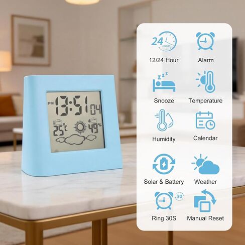 Solar Powered Clock Battery Powered Alarm Clock Solar Charging Small Digital Clock for Weather Forcast LCD Display Clock (Blue) in Kuwait