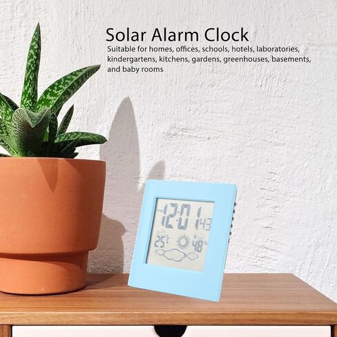 Solar Powered Clock Battery Powered Alarm Clock Solar Charging Small Digital Clock for Weather Forcast LCD Display Clock (Blue) in Kuwait