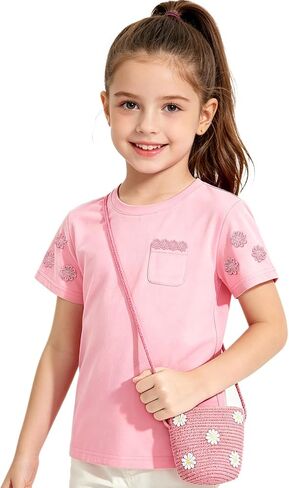 Girl's Floral Embroidery T-Shirt & Matching Woven Crossbody Bag Set, Summer Casual Short-Sleeve Shirts for Girls Ages 3–10 in Kuwait