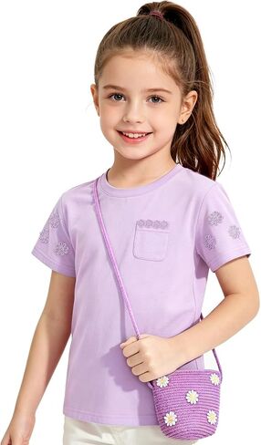 Girl's Floral Embroidery T-Shirt & Matching Woven Crossbody Bag Set, Summer Casual Short-Sleeve Shirts for Girls Ages 3–10 in Kuwait