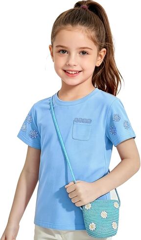 Girl's Floral Embroidery T-Shirt & Matching Woven Crossbody Bag Set, Summer Casual Short-Sleeve Shirts for Girls Ages 3–10 in Kuwait
