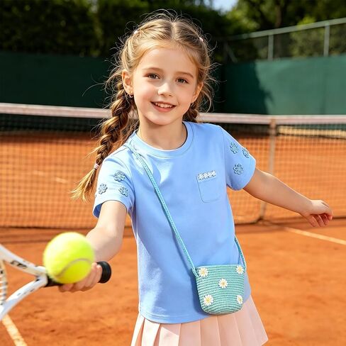 Girl's Floral Embroidery T-Shirt & Matching Woven Crossbody Bag Set, Summer Casual Short-Sleeve Shirts for Girls Ages 3–10 in Kuwait