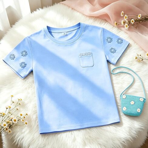 Girl's Floral Embroidery T-Shirt & Matching Woven Crossbody Bag Set, Summer Casual Short-Sleeve Shirts for Girls Ages 3–10 in Kuwait