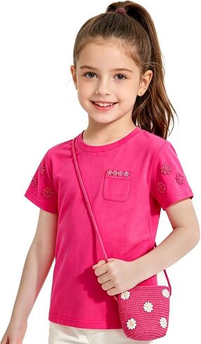 Girl's Floral Embroidery T-Shirt & Matching Woven Crossbody Bag Set, Summer Casual Short-Sleeve Shirts for Girls Ages 3–10 in Kuwait