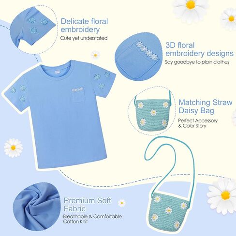 Girl's Floral Embroidery T-Shirt & Matching Woven Crossbody Bag Set, Summer Casual Short-Sleeve Shirts for Girls Ages 3–10 in Kuwait