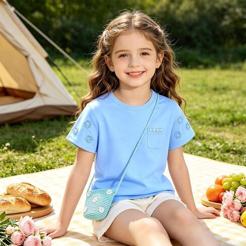 Girl's Floral Embroidery T-Shirt & Matching Woven Crossbody Bag Set, Summer Casual Short-Sleeve Shirts for Girls Ages 3–10 in Kuwait