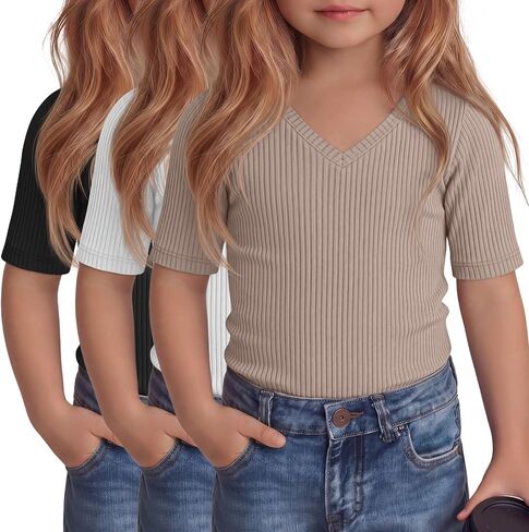 3 Pcs Toddler Girls Short Sleeve Tops Kids Cotton Ribbed Shirts Slim Fit V Neck Elbow Length Basic Tee Size 18m-5t in Kuwait