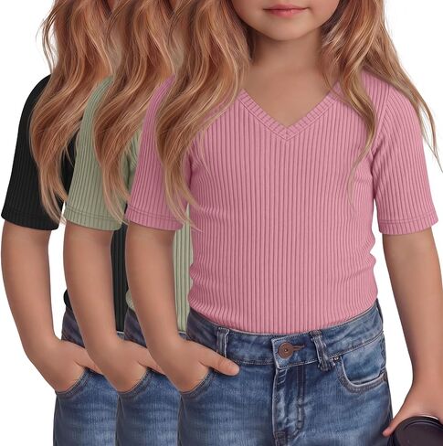 3 Pcs Toddler Girls Short Sleeve Tops Kids Cotton Ribbed Shirts Slim Fit V Neck Elbow Length Basic Tee Size 18m-5t in Kuwait