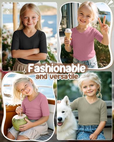 3 Pcs Toddler Girls Short Sleeve Tops Kids Cotton Ribbed Shirts Slim Fit V Neck Elbow Length Basic Tee Size 18m-5t in Kuwait