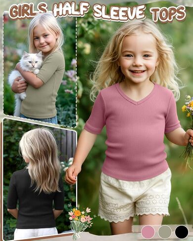 3 Pcs Toddler Girls Short Sleeve Tops Kids Cotton Ribbed Shirts Slim Fit V Neck Elbow Length Basic Tee Size 18m-5t in Kuwait