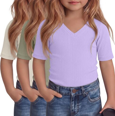 3 Pcs Toddler Girls Short Sleeve Tops Kids Cotton Ribbed Shirts Slim Fit V Neck Elbow Length Basic Tee Size 18m-5t in Kuwait
