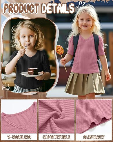 3 Pcs Toddler Girls Short Sleeve Tops Kids Cotton Ribbed Shirts Slim Fit V Neck Elbow Length Basic Tee Size 18m-5t in Kuwait