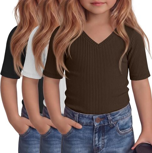 3 Pcs Toddler Girls Short Sleeve Tops Kids Cotton Ribbed Shirts Slim Fit V Neck Elbow Length Basic Tee Size 18m-5t in Kuwait