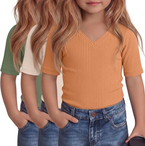 3 Pcs Toddler Girls Short Sleeve Tops Kids Cotton Ribbed Shirts Slim Fit V Neck Elbow Length Basic Tee Size 18m-5t in Kuwait