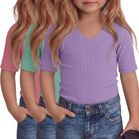 3 Pcs Toddler Girls Short Sleeve Tops Kids Cotton Ribbed Shirts Slim Fit V Neck Elbow Length Basic Tee Size 18m-5t in Kuwait