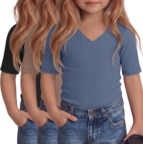 3 Pcs Toddler Girls Short Sleeve Tops Kids Cotton Ribbed Shirts Slim Fit V Neck Elbow Length Basic Tee Size 18m-5t in Kuwait