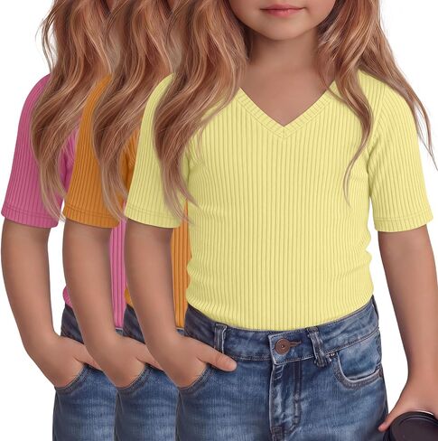 3 Pcs Toddler Girls Short Sleeve Tops Kids Cotton Ribbed Shirts Slim Fit V Neck Elbow Length Basic Tee Size 18m-5t in Kuwait