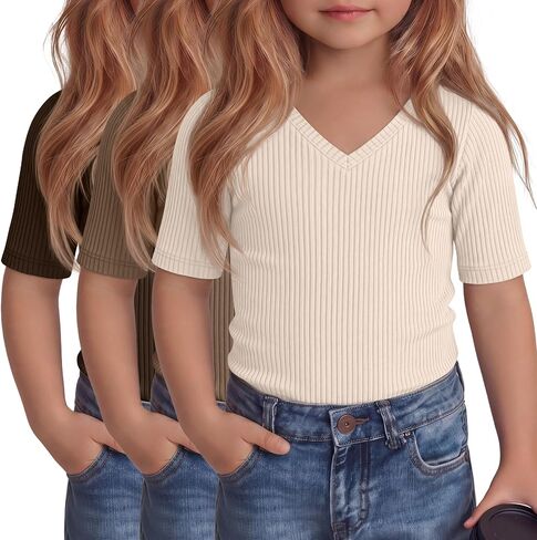 3 Pcs Toddler Girls Short Sleeve Tops Kids Cotton Ribbed Shirts Slim Fit V Neck Elbow Length Basic Tee Size 18m-5t in Kuwait