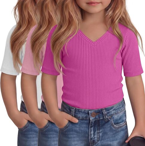 3 Pcs Toddler Girls Short Sleeve Tops Kids Cotton Ribbed Shirts Slim Fit V Neck Elbow Length Basic Tee Size 18m-5t in Kuwait