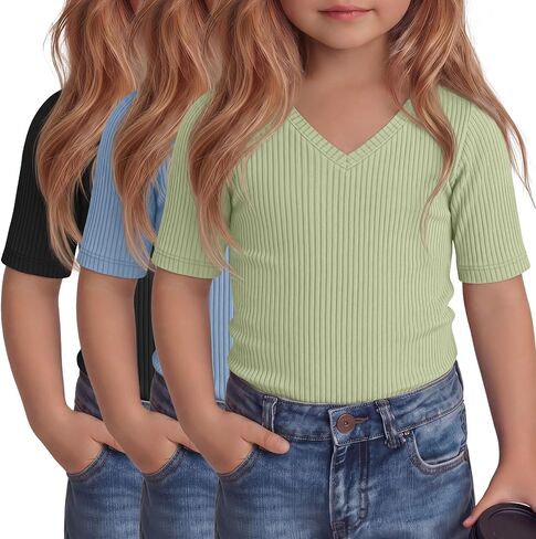 3 Pcs Toddler Girls Short Sleeve Tops Kids Cotton Ribbed Shirts Slim Fit V Neck Elbow Length Basic Tee Size 18m-5t in Kuwait