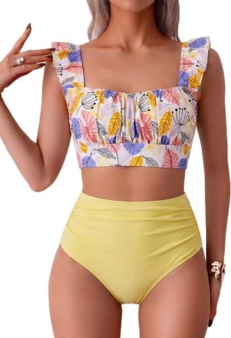 Women's Two Piece Swimsuits, High Waisted Ruffle Strap Tummy Control Bathing Suit Ruched Full Coverage Bikini Sets in Saudi Arabia